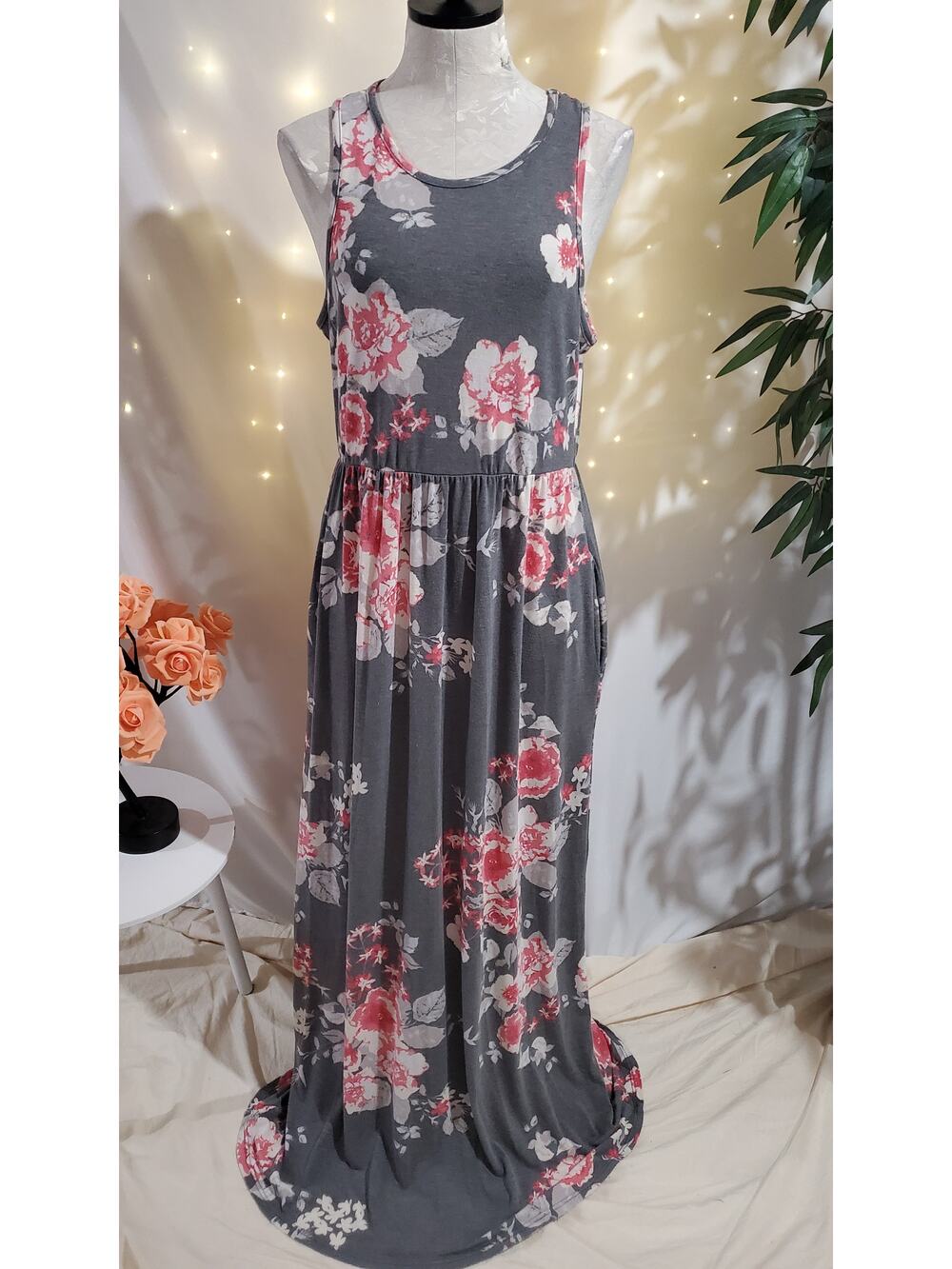 Egs Eloges Floral Sleeveless Jersey Knit Stretchy Maxi Tank Dress Plus Size 1XL